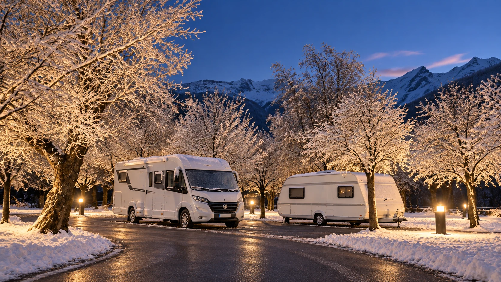 Symbolbild: Wohnmobil und Wohnwagen im Winter neben geräumter Zufahrt